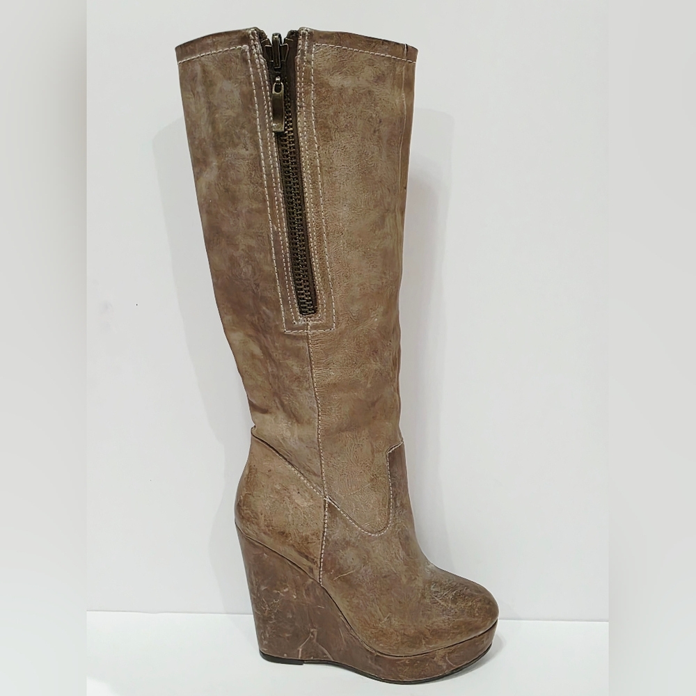 Steven BRIXF103 Taupe Brown Leather Wedge Boot Zipper Knee High Chunky 6.5 M New